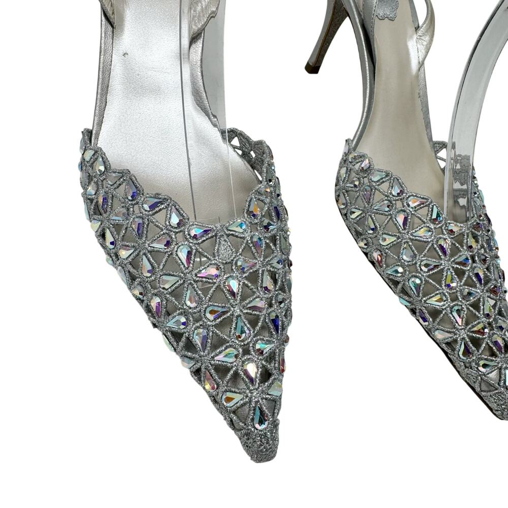 Rene Caovilla Crystal Embellished Slingback Pump Mule Heel Silver Grey 38.5 - Picture 4 of 12